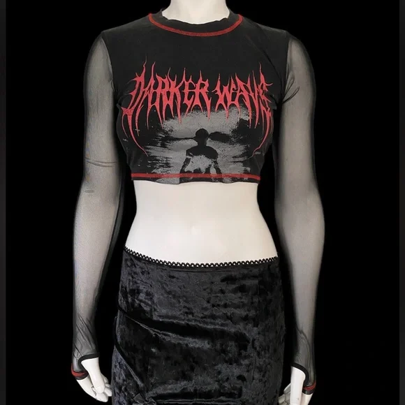 Darker Wavs DollsKill | NWT’s cyber Y2K mesh cropped graphic gothic grunge top - Picture 1 of 6